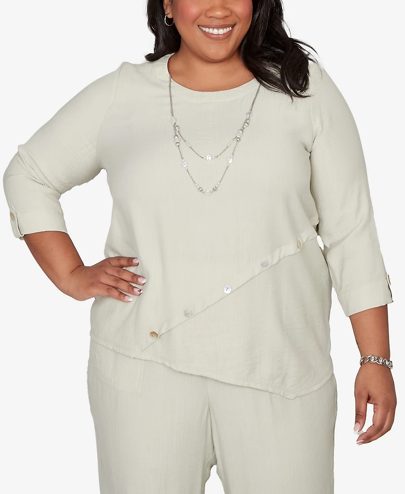 Alfred Dunner Plus Vintage Charm Diagonal Spliced Detailed Top with Necklace
