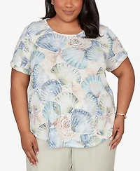 Alfred Dunner Plus Vintage Charm Seashells Embellished Solid T-Shirt