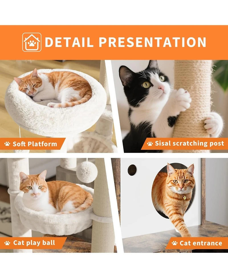 gaomon Litter Box Enclosure with Tree Tower and Condo, Wooden Cat Scratching Posts, Hammock, Hidden Furniture,