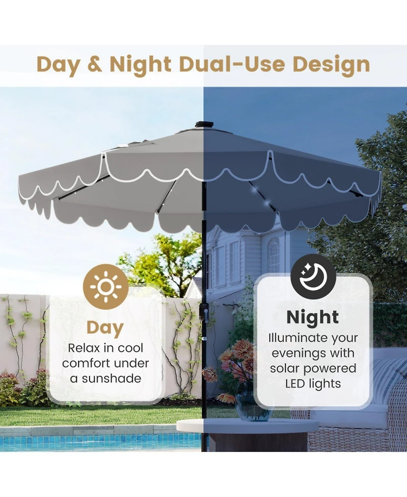 Gouun 9.3 ft Solar Patio Umbrella with 24 Led Lights Vented Top and Ruffled Edges
