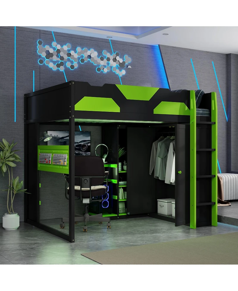 Streamdale Furniture Wood Loft Bed with Desk, Multi-storage Shelves, Usb and Rgb Light