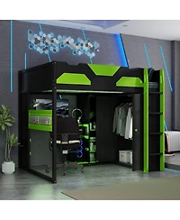 Streamdale Furniture Wood Loft Bed with Desk, Multi-storage Shelves, Usb and Rgb Light