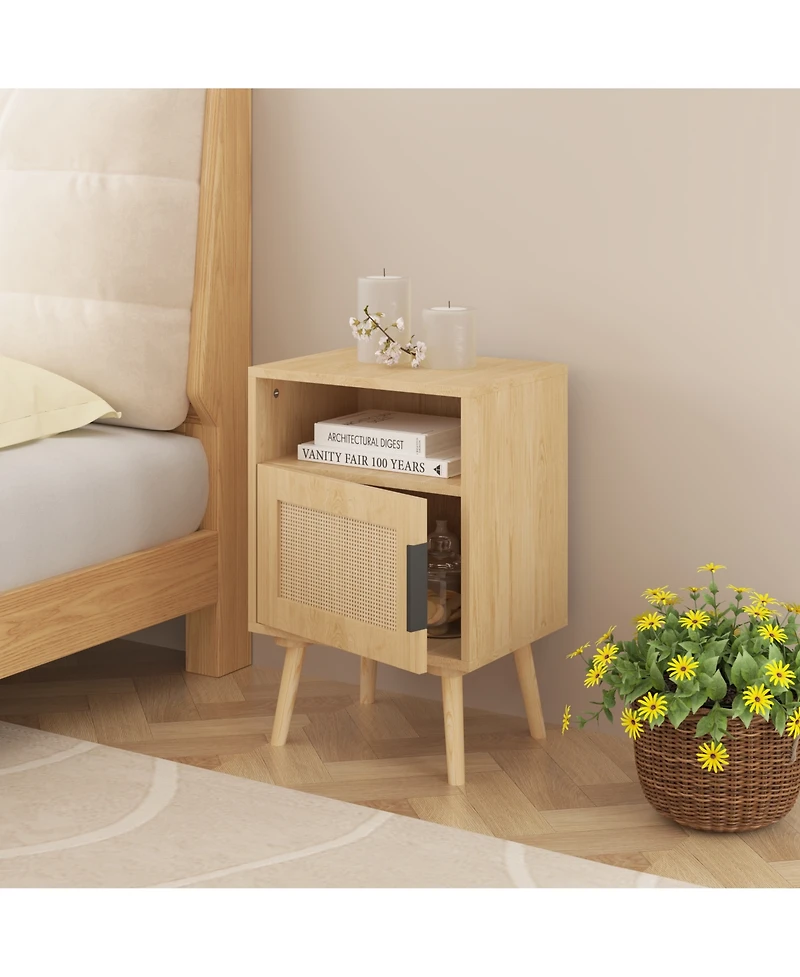 sumyeg Oak Rattan Nightstand with Door and Open Shelf - Solid Wood Legs Accent End Table