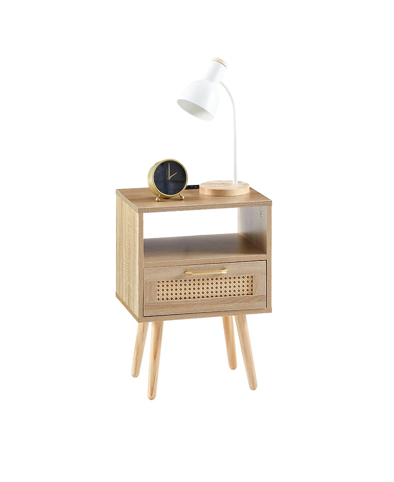 sumyeg Modern Rattan End Table with Power Outlet Usb Ports Drawer Solid Wood Legs