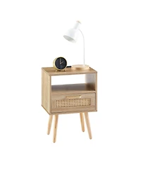 sumyeg Modern Rattan End Table with Power Outlet Usb Ports Drawer Solid Wood Legs