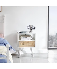 sumyeg Modern Rattan End Table with Power Outlet Usb Ports Drawer Solid Wood Legs