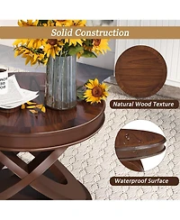 sumyeg Walnut Retro Round Wooden End Table X-Shape Base Sofa Side Table