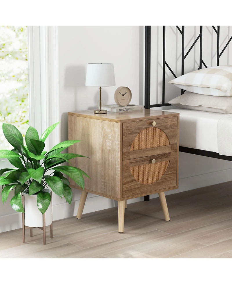 sumyeg Set of 2 Rattan Nightstand with 2 Drawers and Solid Wood Legs