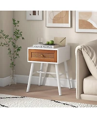 sumyeg Rattan Nightstand Mid Century Modern Accent Table with Drawer