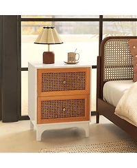 sumyeg Boho Accent Table Nightstand with 2 Handwoven Rattan Decorated Drawers