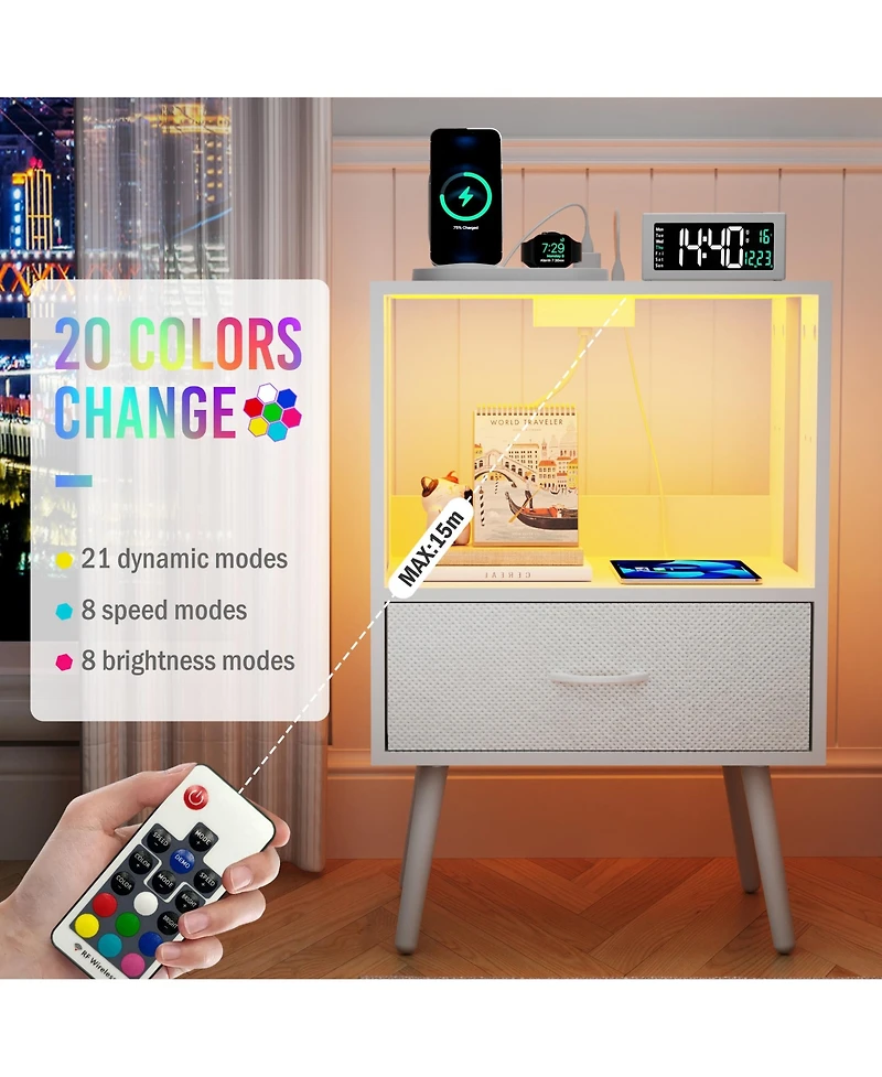 sumyeg Modern Nightstand Set of 2 with Charging Station, Led Light and Fabric Drawers