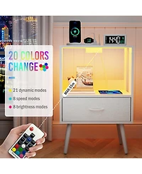 sumyeg Modern Nightstand Set of 2 with Charging Station, Led Light and Fabric Drawers