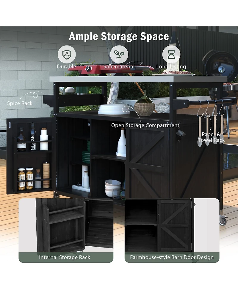 sumyeg Outdoor Kitchen Island and Rolling Bar Cart, Farmhouse Solid Wood Grill Table with Stainless Steel Top, Spice Rack and Towel Rack