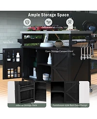 sumyeg Outdoor Kitchen Island and Rolling Bar Cart, Farmhouse Solid Wood Grill Table with Stainless Steel Top, Spice Rack and Towel Rack