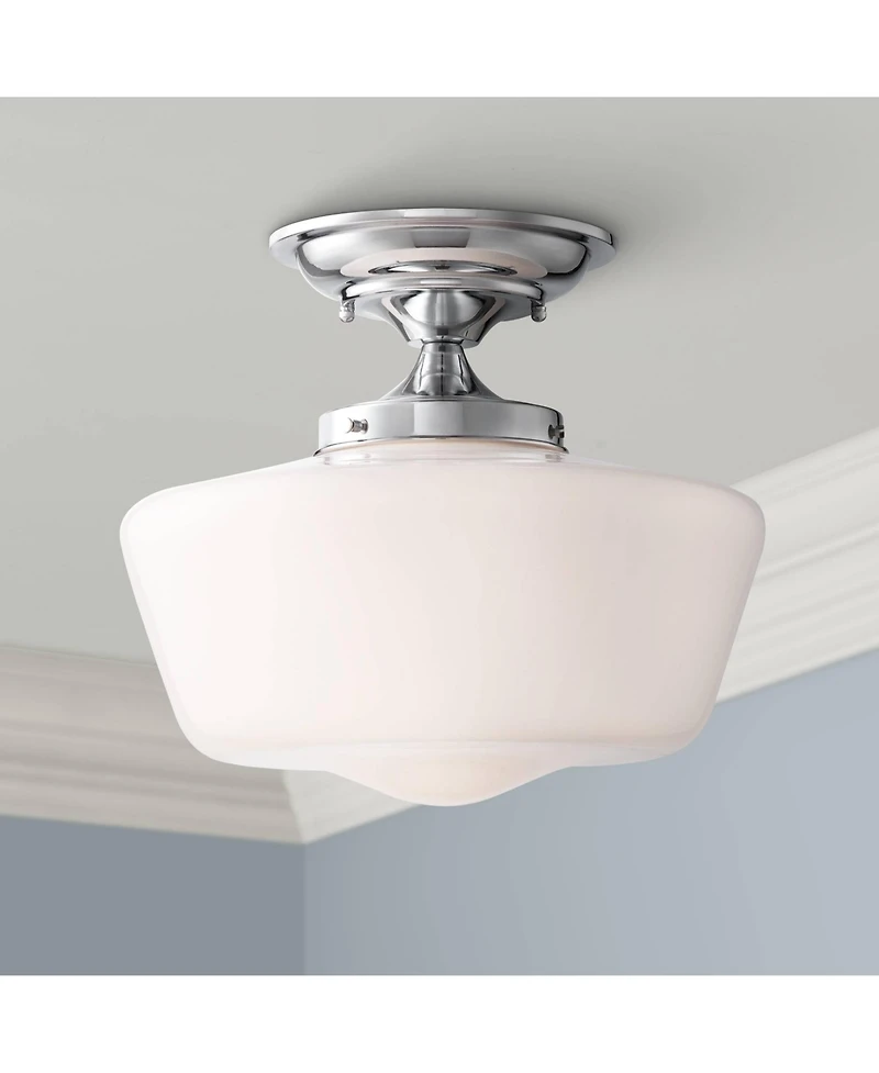 Regency Hill Schoolhouse Rustic Farmhouse Ceiling Light Semi Flush Mount Fixture Set of 2 Chrome Metal White Glass Shade for Bedroom