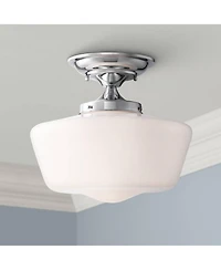 Regency Hill Schoolhouse Rustic Farmhouse Ceiling Light Semi Flush Mount Fixture Set of 2 Chrome Metal White Glass Shade for Bedroom