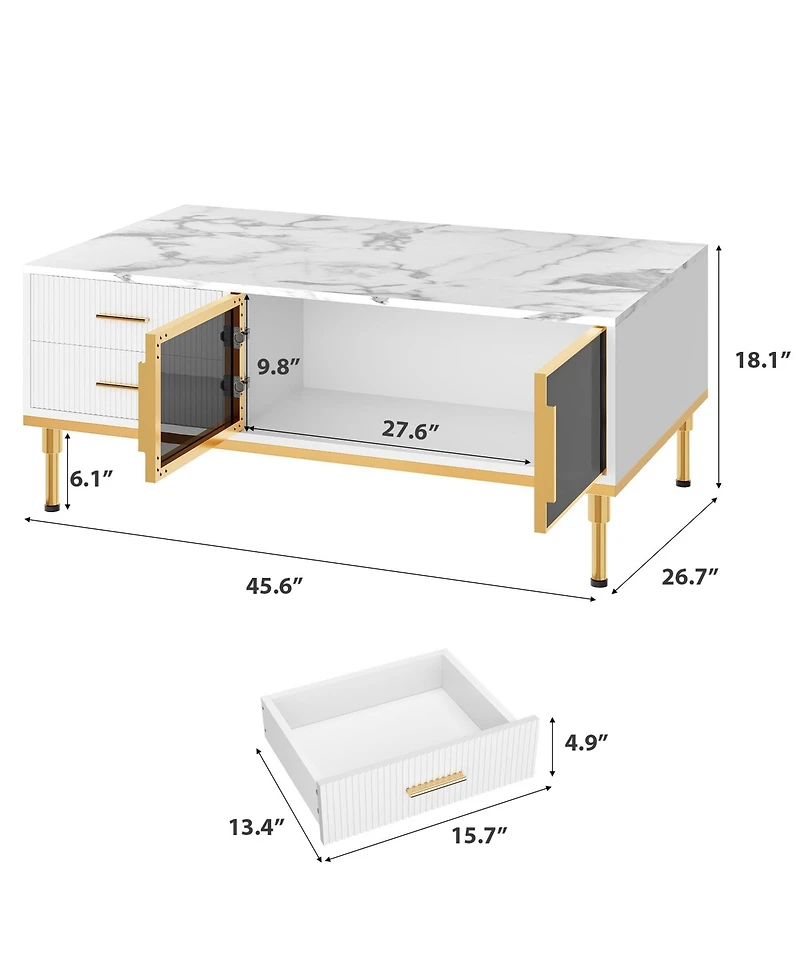 homfan Modern Faux Marble Coffee Table with Storage, 4 Drawers, 2 Glass Doors, Fluted Design, Adjustable Legs