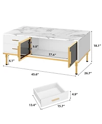 homfan Modern Faux Marble Coffee Table with Storage, 4 Drawers, 2 Glass Doors, Fluted Design, Adjustable Legs