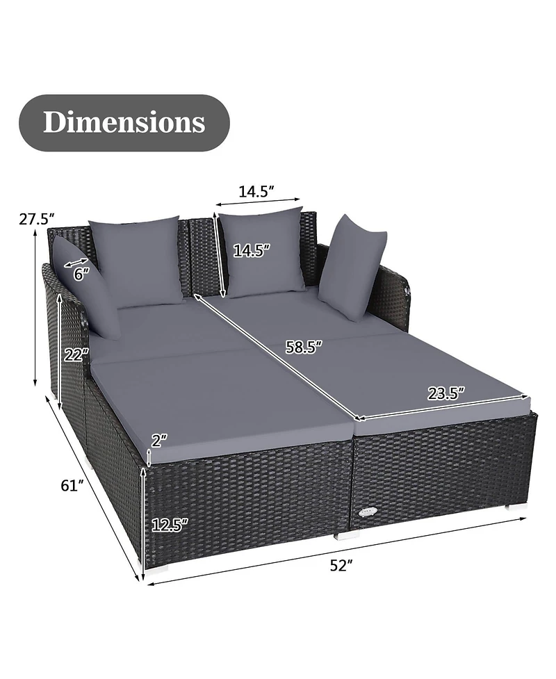 Gymax Patiojoy Outdoor Rattan Daybed Pillows Cushioned Sofa Furniture Patio