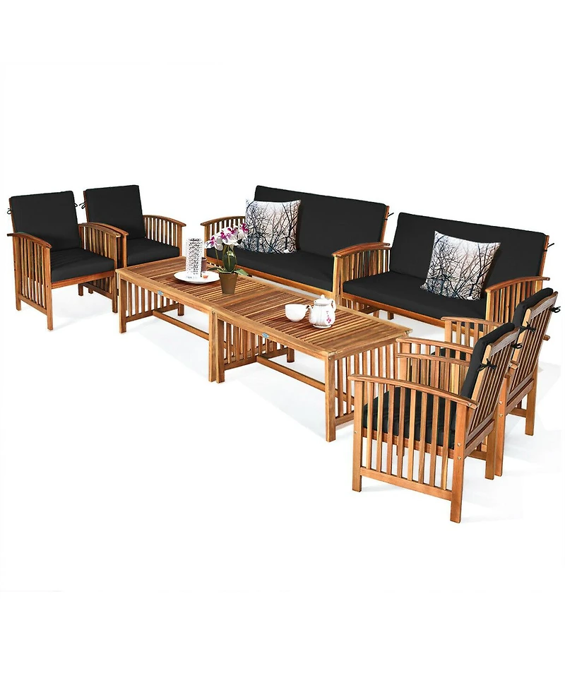 Gymax 8PCS Wooden Patio Conversation Set Outdoor Furniture w/ Cushions Turquoise