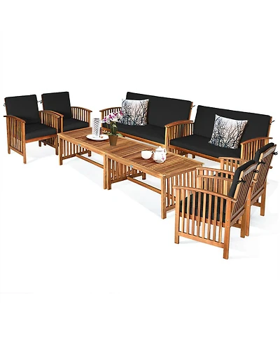 Gymax 8PCS Wooden Patio Conversation Set Outdoor Furniture w/ Cushions Turquoise