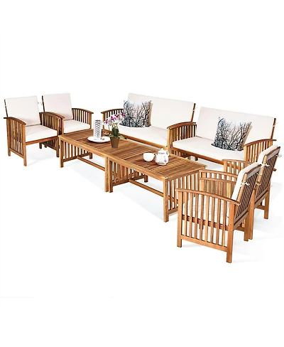 Gymax 8PCS Wooden Patio Conversation Set Outdoor Furniture Set w/ Cushions Turquoise