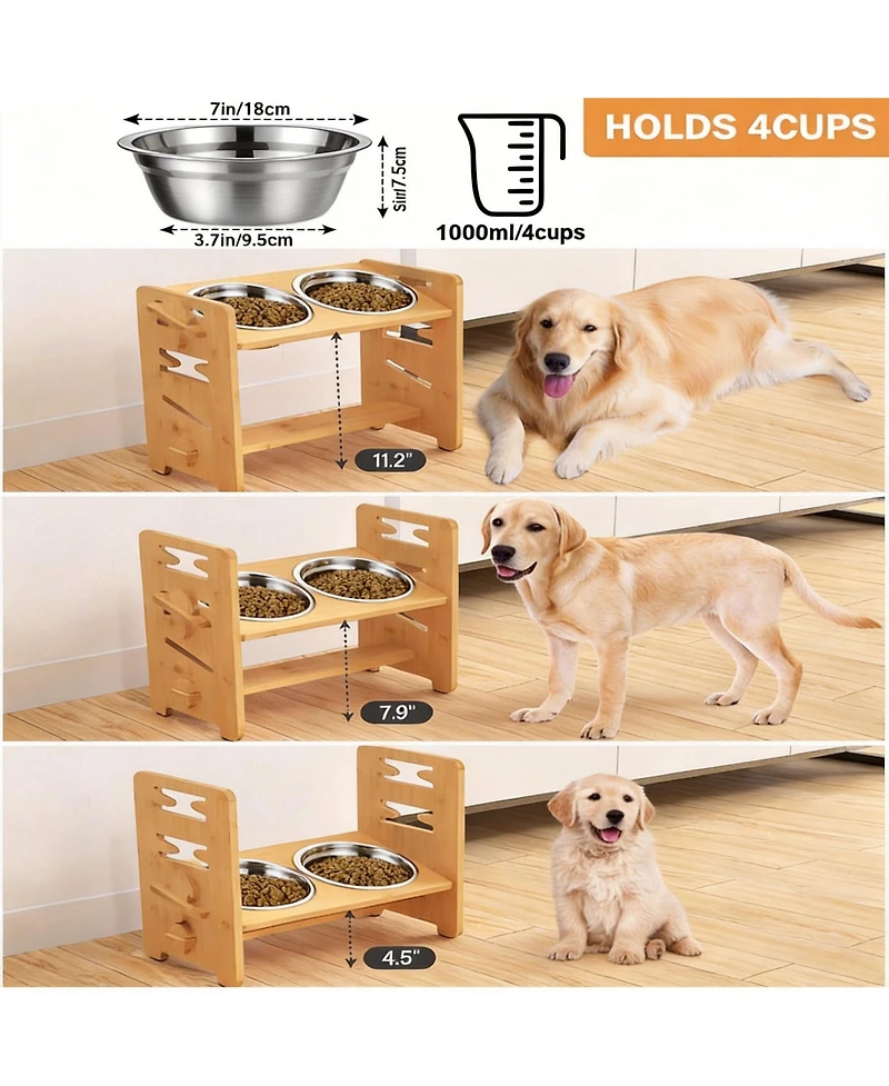 Aronkl Adjustable Elevated Dog Cat Bowl Stand Heights Tilt Foldable with 2 Stainless Steel Dishes