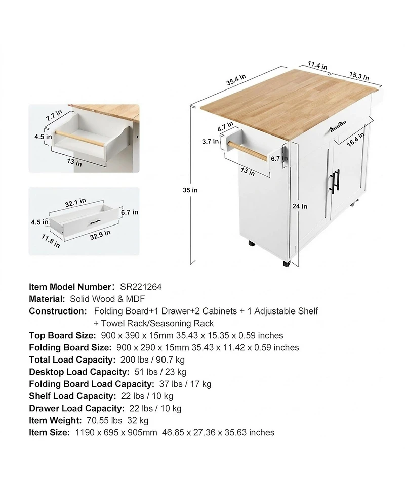 Gouun Solid Wood Top Kitchen Island Cart with Drop Leaf, Storage Cabinet and Wheels, 35.4 in