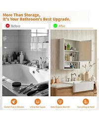 homfan Bathroom Wall Cabinet, Wood Rattan Storage with 3-Tier Shelves and Doors, Medicine Holds 33lbs for Bathroom, Laundry Room