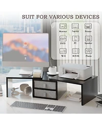 Gnuadz Dual Monitor Stand Riser With Drawers Adjustable Shelf Organizer Wood Desk Storage