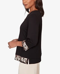 Alfred Dunner Women's Seville Bold Floral Border Trim Top with Necklace