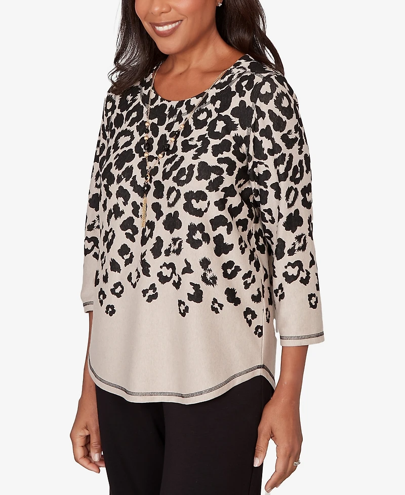 Alfred Dunner Women's Seville Animal Print Crewneck Top with Necklace