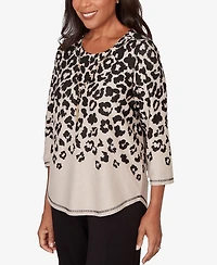 Alfred Dunner Women's Seville Animal Print Crewneck Top with Necklace
