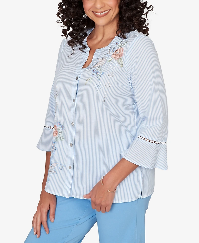 Alfred Dunner Women's St. Augustine Striped Floral Embroidered Button-Down Top