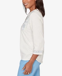 Alfred Dunner Women's St. Augustine Medallion Embroidered Ruched Henley Top