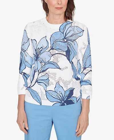 Alfred Dunner Women's St. Augustine Abstract Floral Print Ribbed Sweater