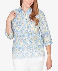 Alfred Dunner Women's Classic Embroidered Floral Border Button Down Top
