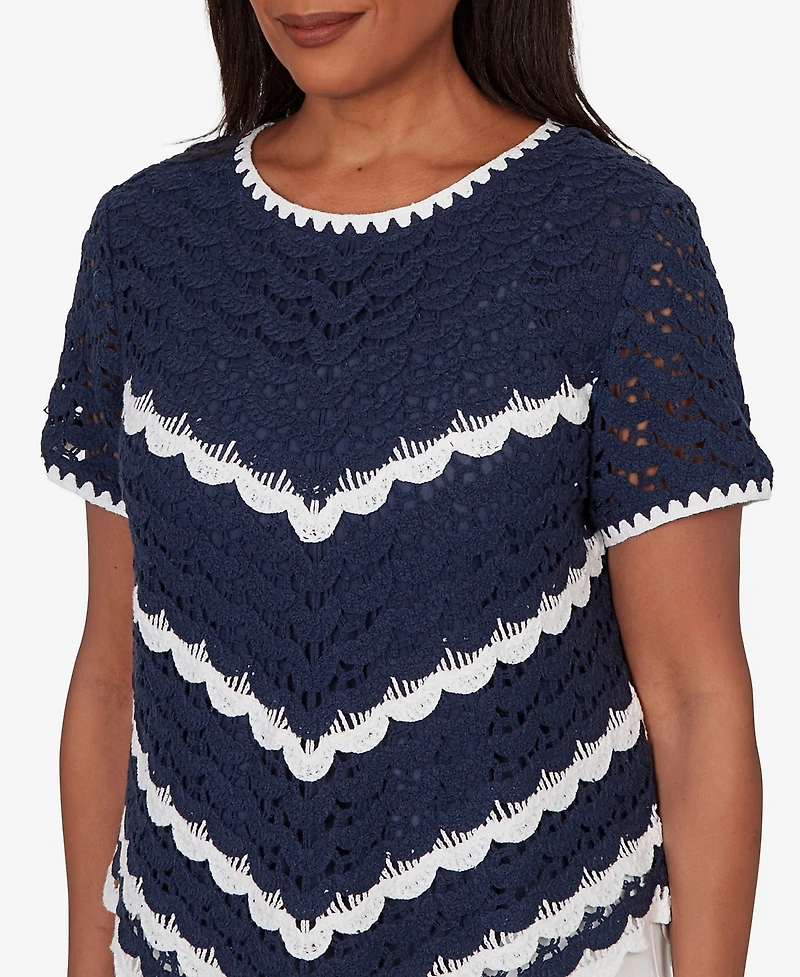 Alfred Dunner Women's Port Side Chevron Crochet Short-Sleeve T-shirt