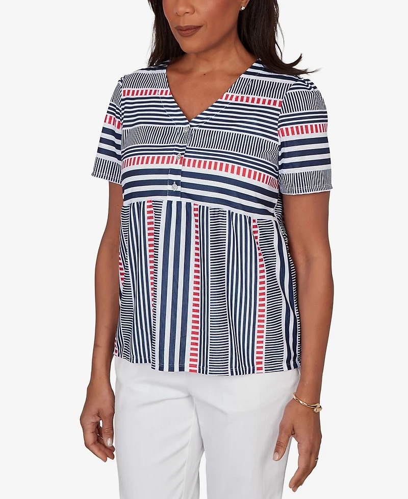 Alfred Dunner Women's Port Side Spliced Mixed Stripe Flutter-Sleeve Top