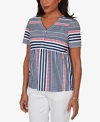 Alfred Dunner Women's Port Side Spliced Mixed Stripe Flutter-Sleeve Top