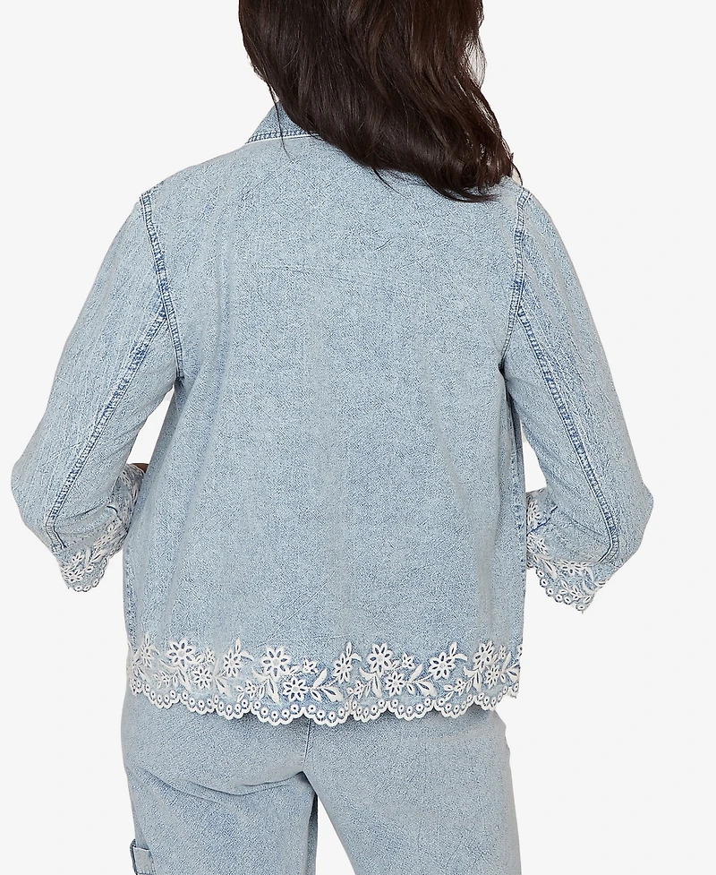 Alfred Dunner Women's Out of the Blue Floral Embroidered Scallop Trim Jacket