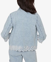 Alfred Dunner Women's Out of the Blue Floral Embroidered Scallop Trim Jacket