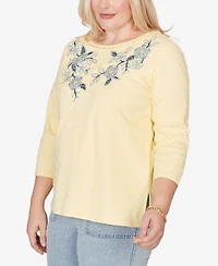 Alfred Dunner Women's Out of the Blue Floral Embroidered Sunshine Top