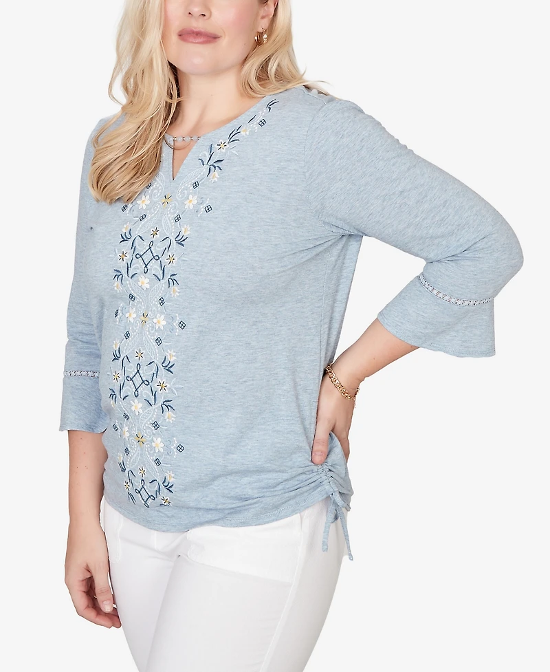 Alfred Dunner Women's Out of the Blue Center Scroll Embroidered Side Tie Top