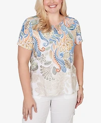 Alfred Dunner Women's Out of the Blue Ombre Paisley Short-Sleeve Top