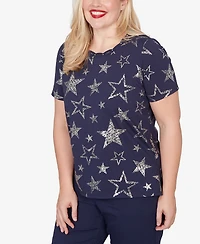 Alfred Dunner Women's Lady Liberty Sparkling Foil Stars Crewneck T-shirt