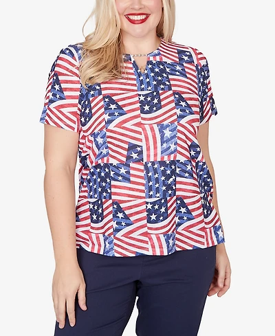 Alfred Dunner Women's Lady Liberty American Flag Patchwork Keyhole T-shirt