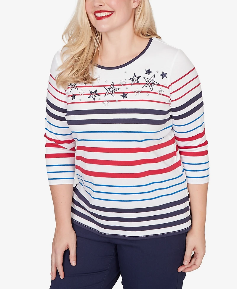 Alfred Dunner Women's Lady Liberty Stars And Stripes Americana Crewneck Top