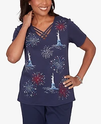 Alfred Dunner Women's Lady Liberty Statue Of Fireworks V-Neck T-shirt
