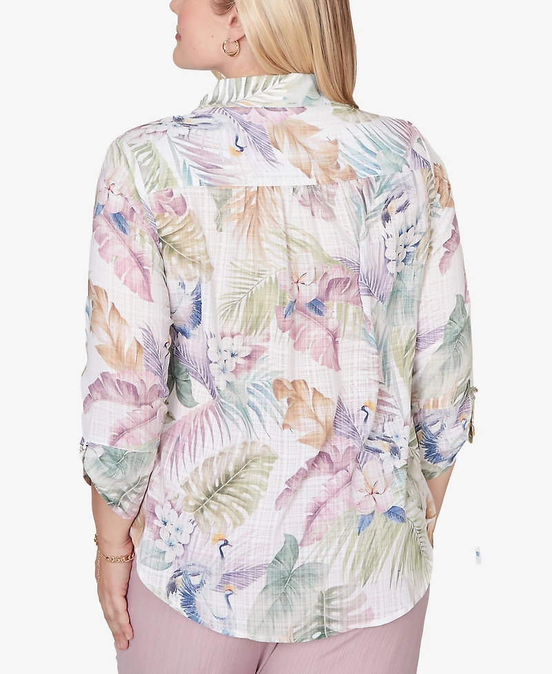 Alfred Dunner Women's Vintage Charm Tropical Button Front Tie Sleeve Top